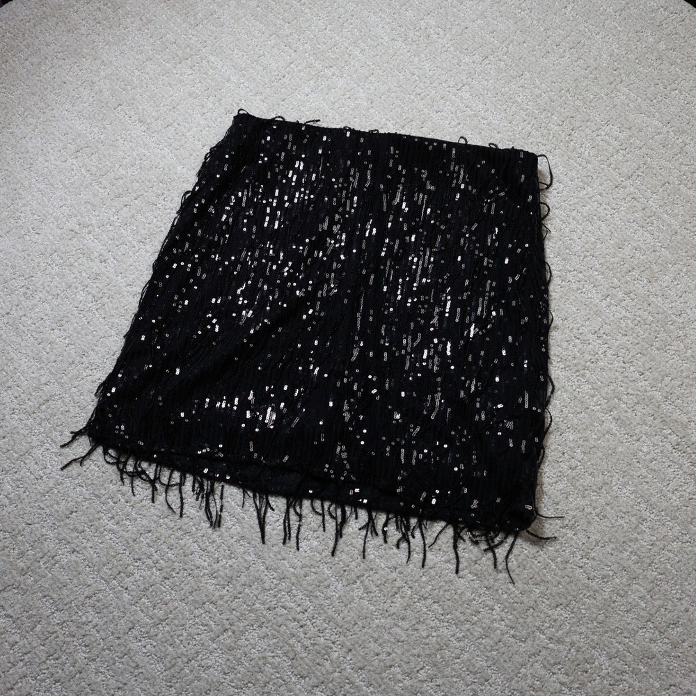 A New Day Black Sequin Fringe Mini Skirt Small Party Holiday Evening